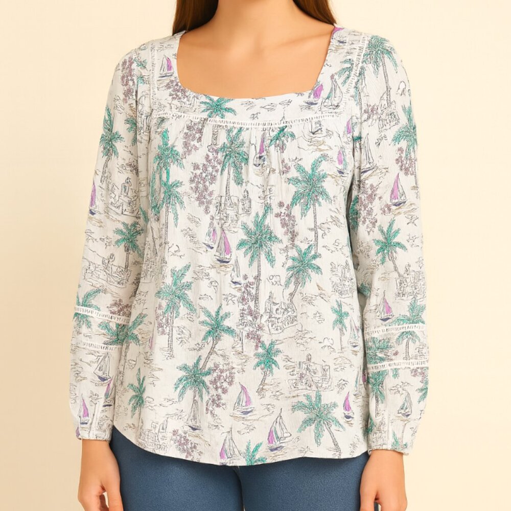 LC Lauren Conrad | Coastal Palm Tree Square Neck Balloon Sleeve Blouse | Large